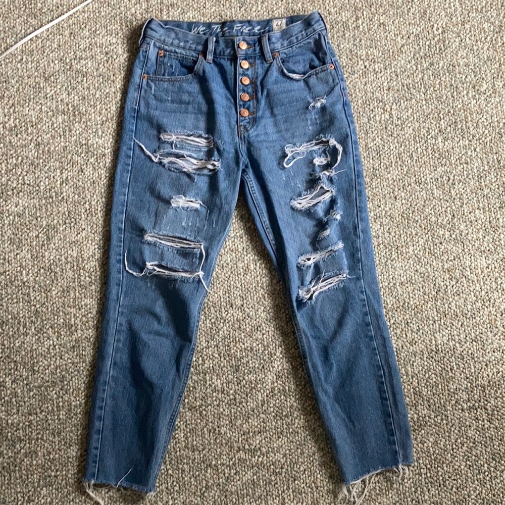 Free People Distressed High Waist Button Mom Jeans